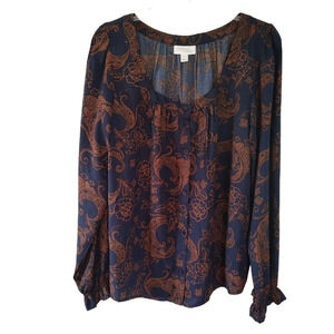 Morgan Taylor Blue Orange Paisley Button Up Top Women Size L Long Sleeve NEW